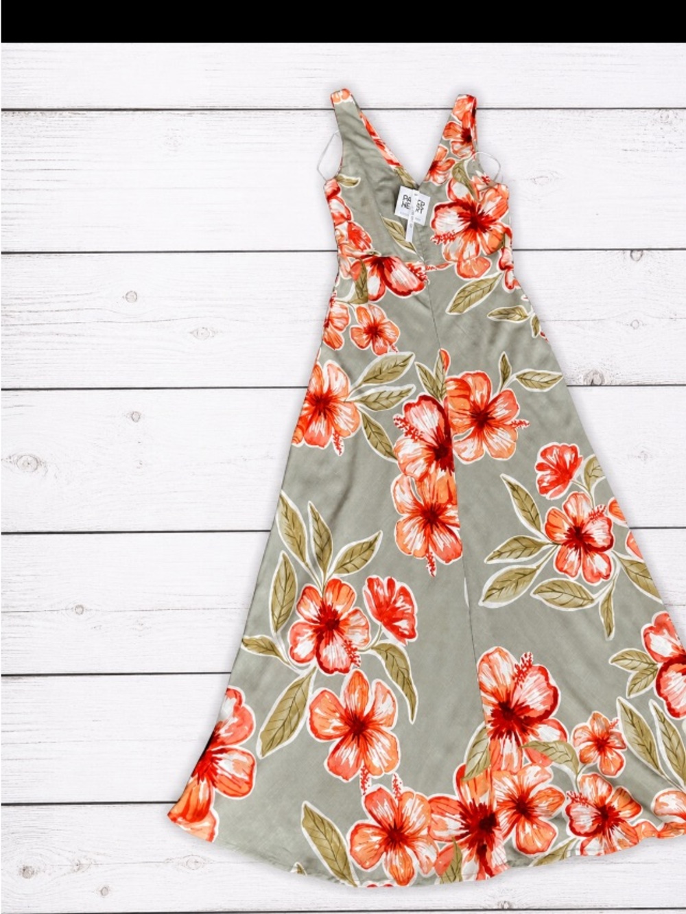 Paper Heart Boho Floral Midi Dress Green Orange Hibiscus XS NWT - Picture 2 of 12